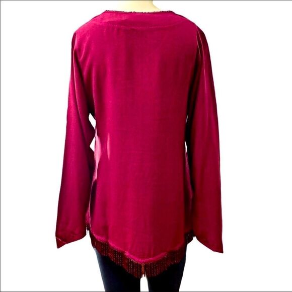 Neck Embroidery Detailed Long Sleeve Tassels Trim Rayon Blouse by Holy NEW - Picture 3 of 4